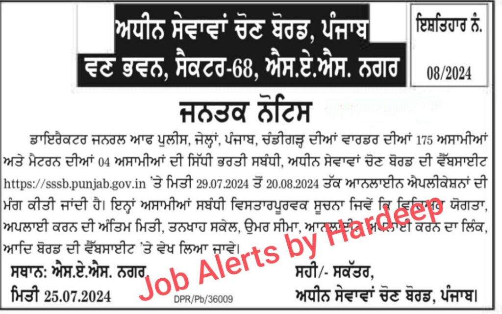 Punjab Jail Warder & Matron Recruitment 2024 Notification Out For 179 ...