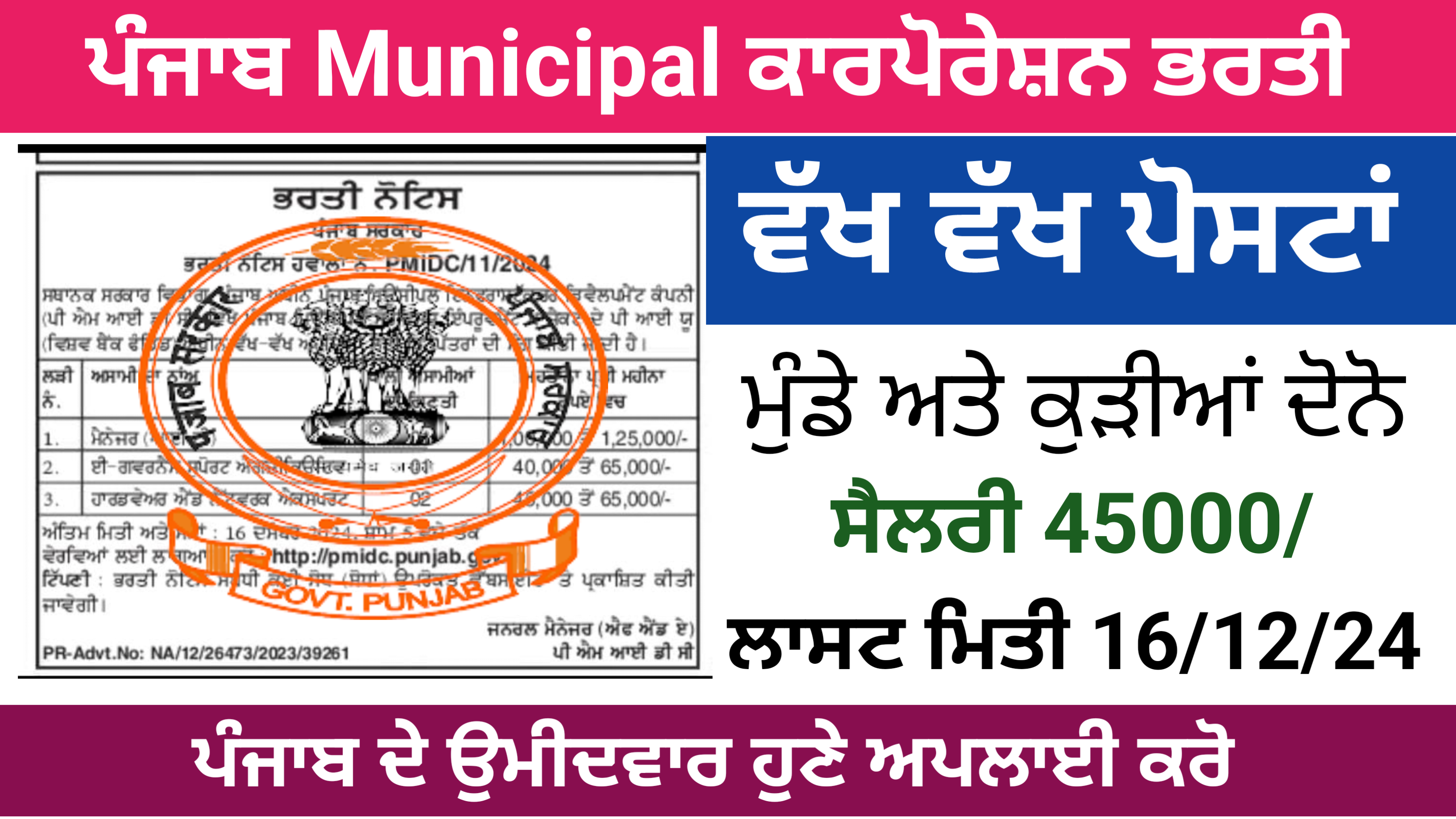 Punjab Municipal Corporation Recruitment 2024