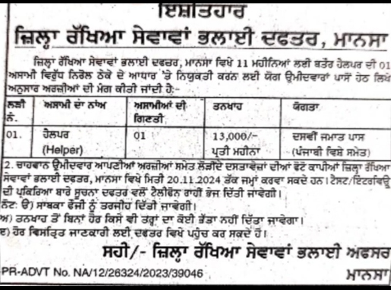 Punjab Helper Bharti 2024