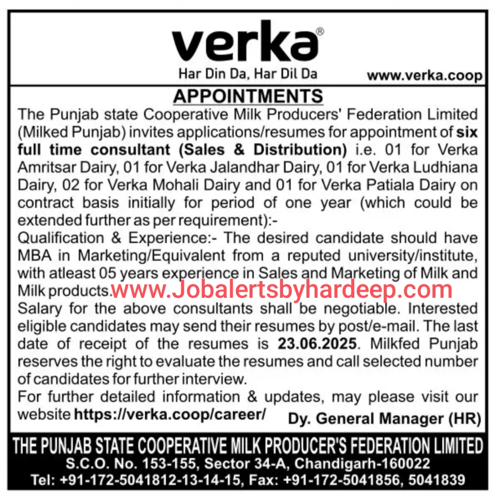 Punjab Verka Jobs 2025
