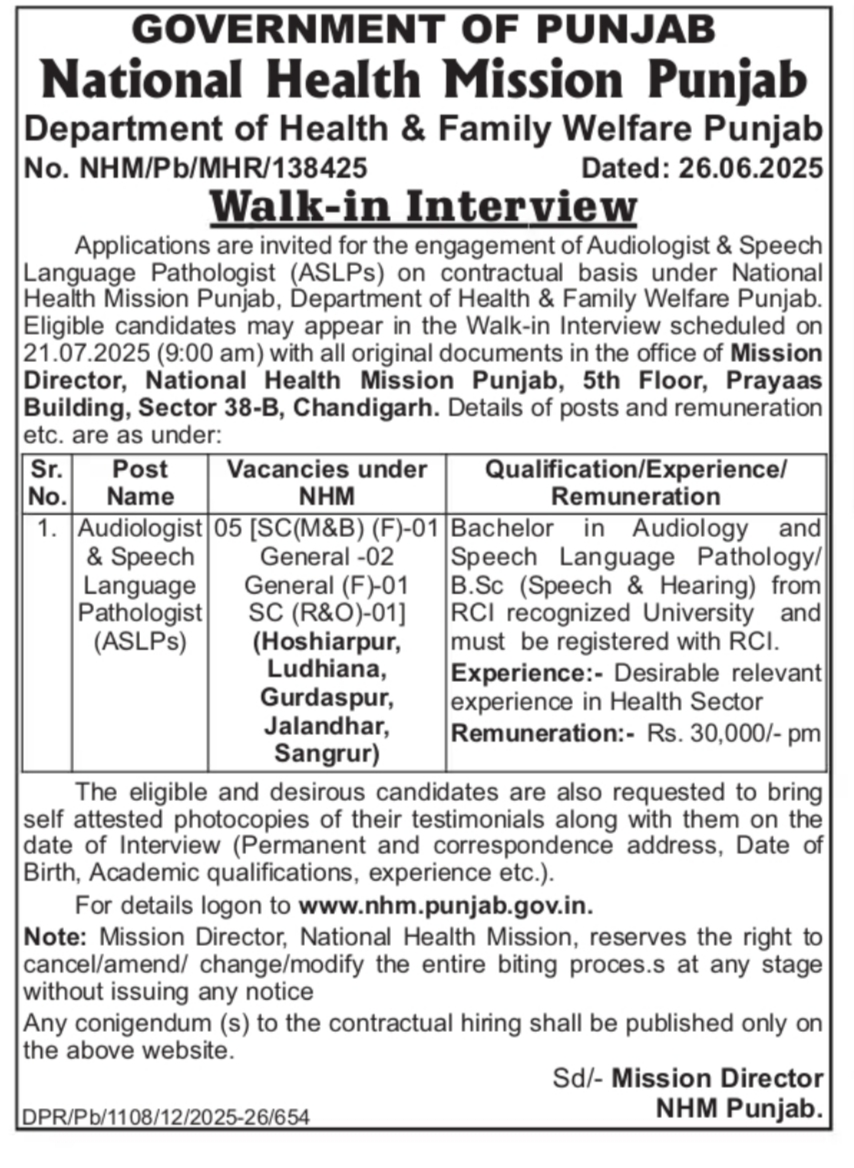 Punjab National Health Mission Recruitment 2025