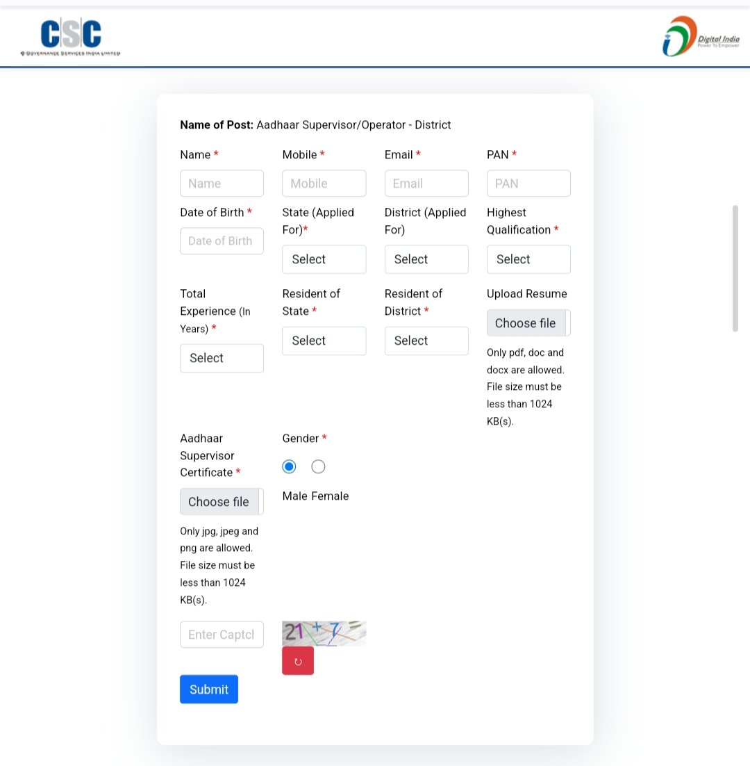 Punjab Aadhaar Supervisor/Operator Recruitment 2026