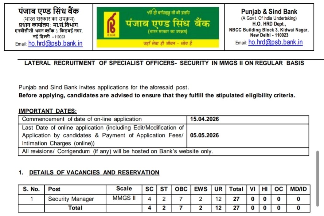 Punjab & Sind Bank New Recruitment 2026