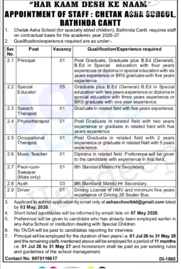Chetak Asha School Bathinda Cantt Recruitment 2026