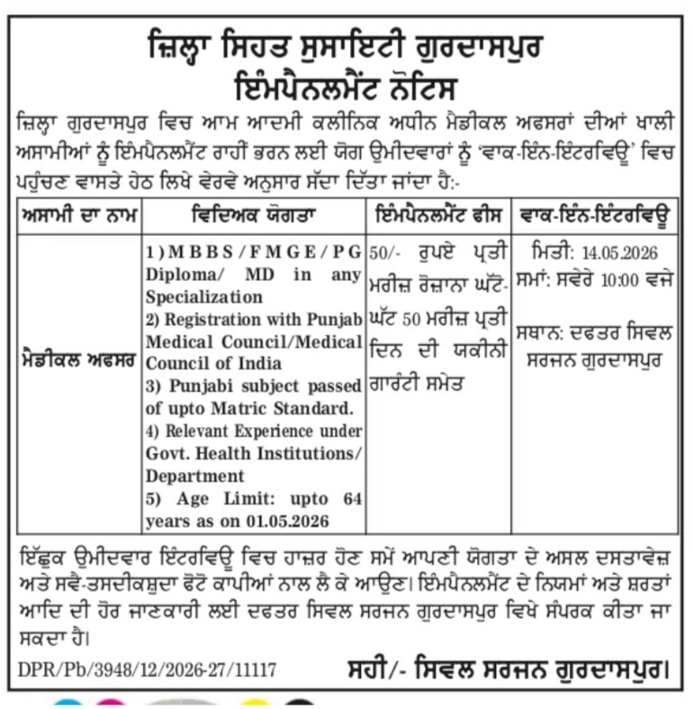 Gurdaspur Health Society Medical Officer Recruitment 2026